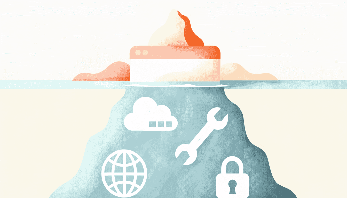 Illustration of an iceberg: the website is the small tip above the water, and hosting, domain, security and maintenance sit below