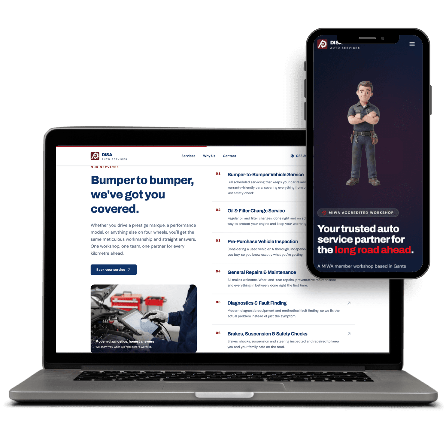 Disa Auto Services website shown on desktop and mobile
