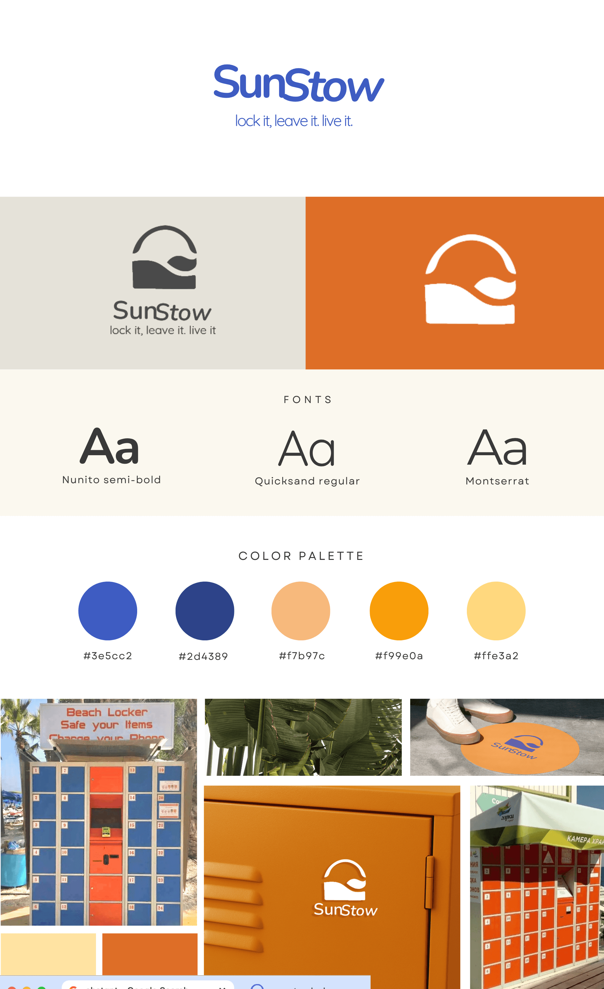 Sunstow brand board with logo, fonts, colour palette and lockers