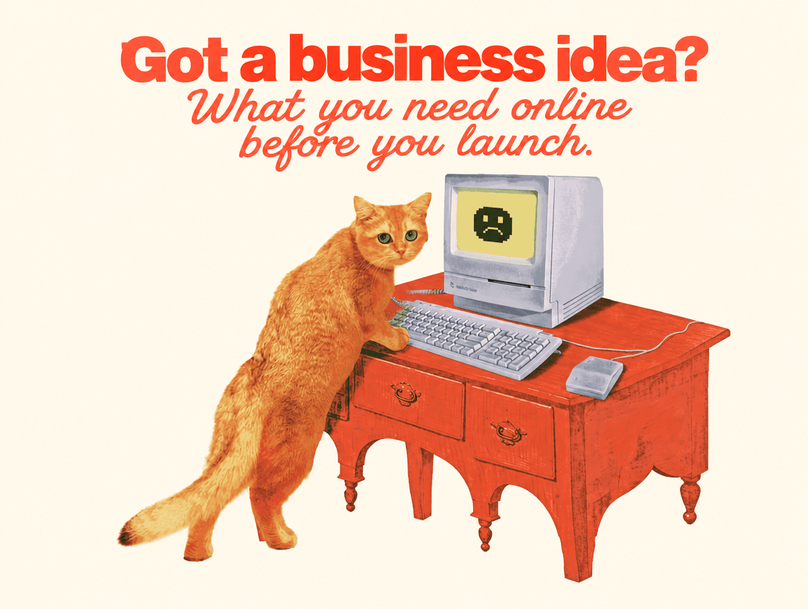 Got a business idea? What you need online before you launch. An orange cat looks at an old computer with a sad face on its screen